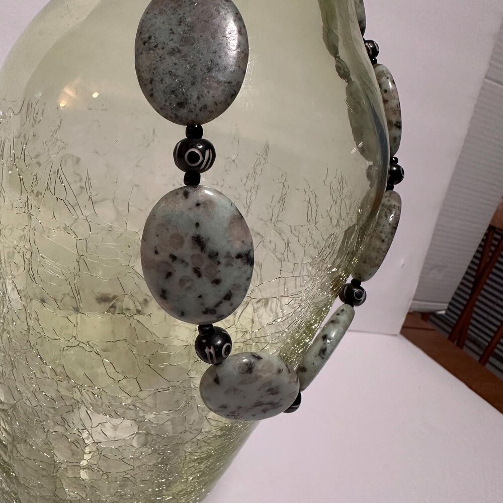 Oval Stone and Wood Beaded 20” Necklace -Green Speckled Stone & Black Wood Beads